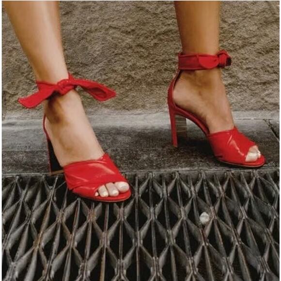 MARION PARKE Leather Ankle Tie Sandal Red Open Toe Blocked Heel Women's 38/US 8 - Picture 2 of 10